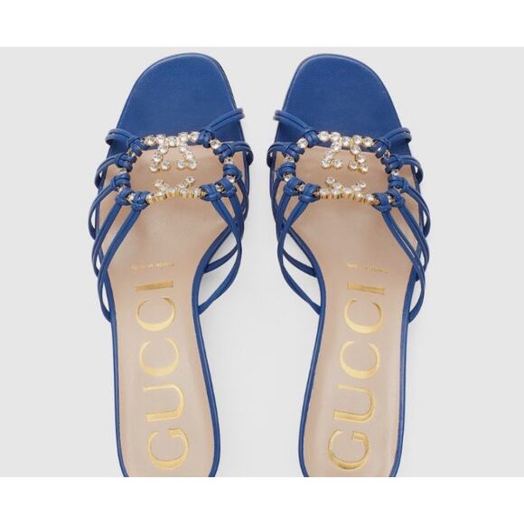Rare! Gucci Crystal GG Logo Strappy Heeled Sandal Blue 38 - Picture 9 of 9